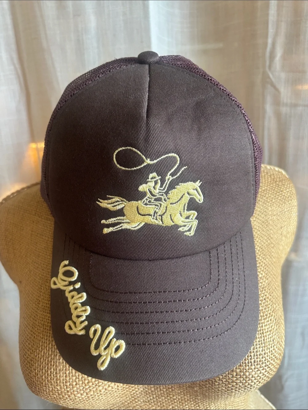 Giddy Up Embroidered Trucker Hat - Brown & Cream - Picture 6 of 7